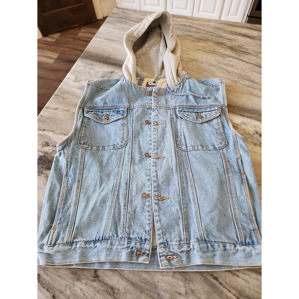 Vintage 90s Todays News Hooded Denim Vest Light Wash Blue Flannel Lined‎ Size M